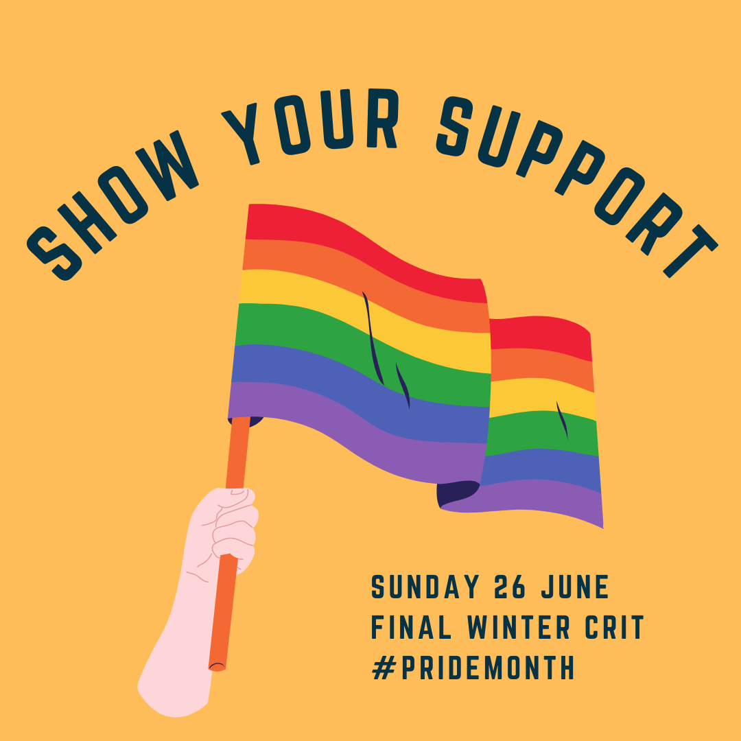 Illustration of an arm holding up a rainbow flag on a yellow background with "show your support" written above the flag and "Sunday 26 June Final Winter Crisis #pridemonth" text under the flag